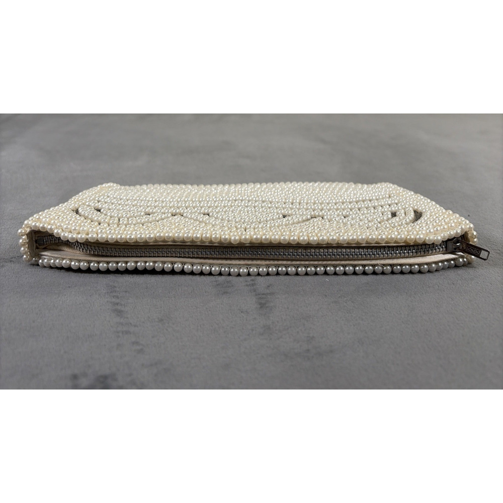 1960's Ivory & Grey Beaded Pearl Clutch Evening Hand Bag Purse Japan Vintage - Picture 5 of 13